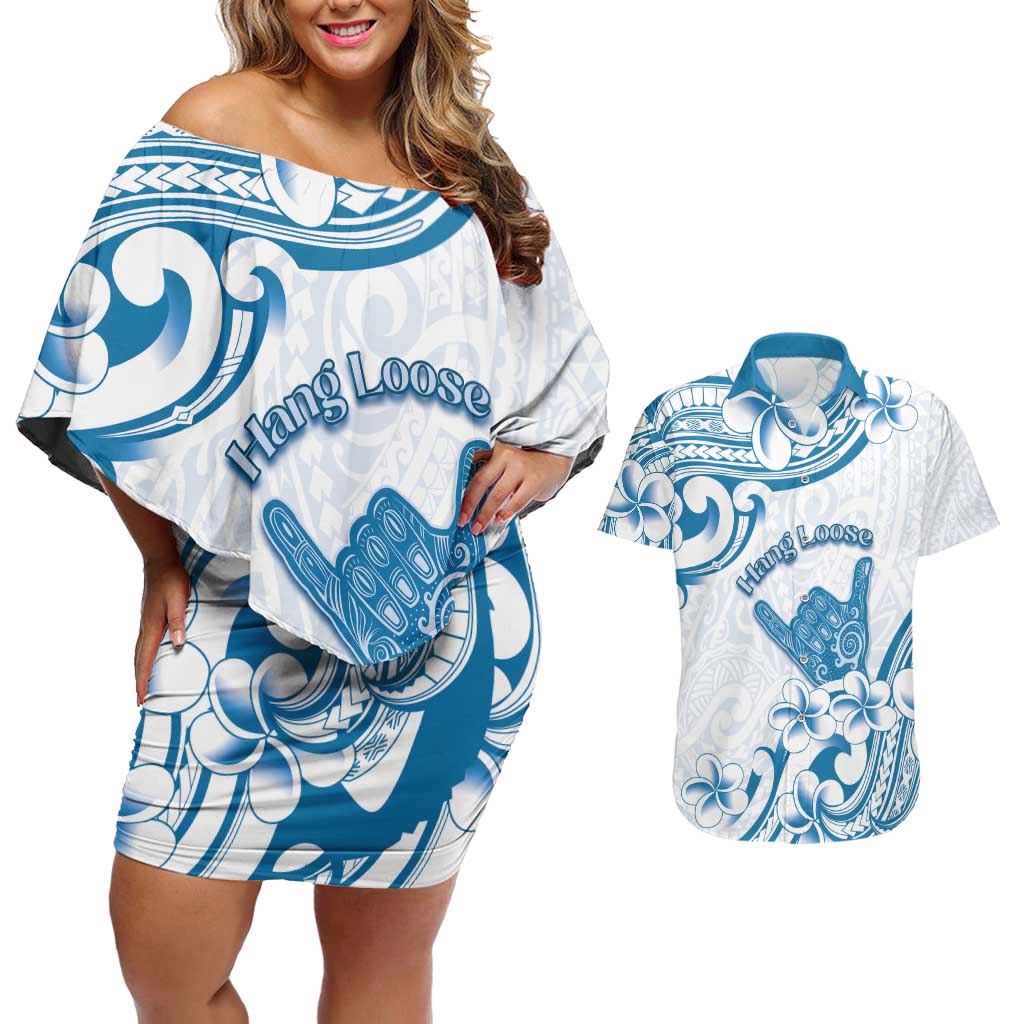 Aloha Hawaii Shaka Couples Matching Off Shoulder Short Dress and Hawaiian Shirt Hang Loose Blue Version - Polynesian Pride