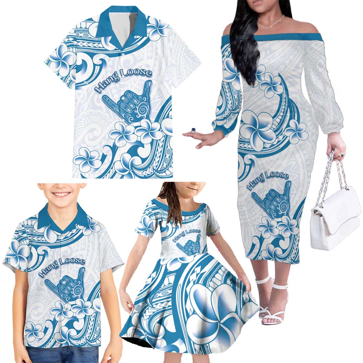 Aloha Hawaii Shaka Family Matching Off The Shoulder Long Sleeve Dress and Hawaiian Shirt Hang Loose Blue Version - Polynesian Pride
