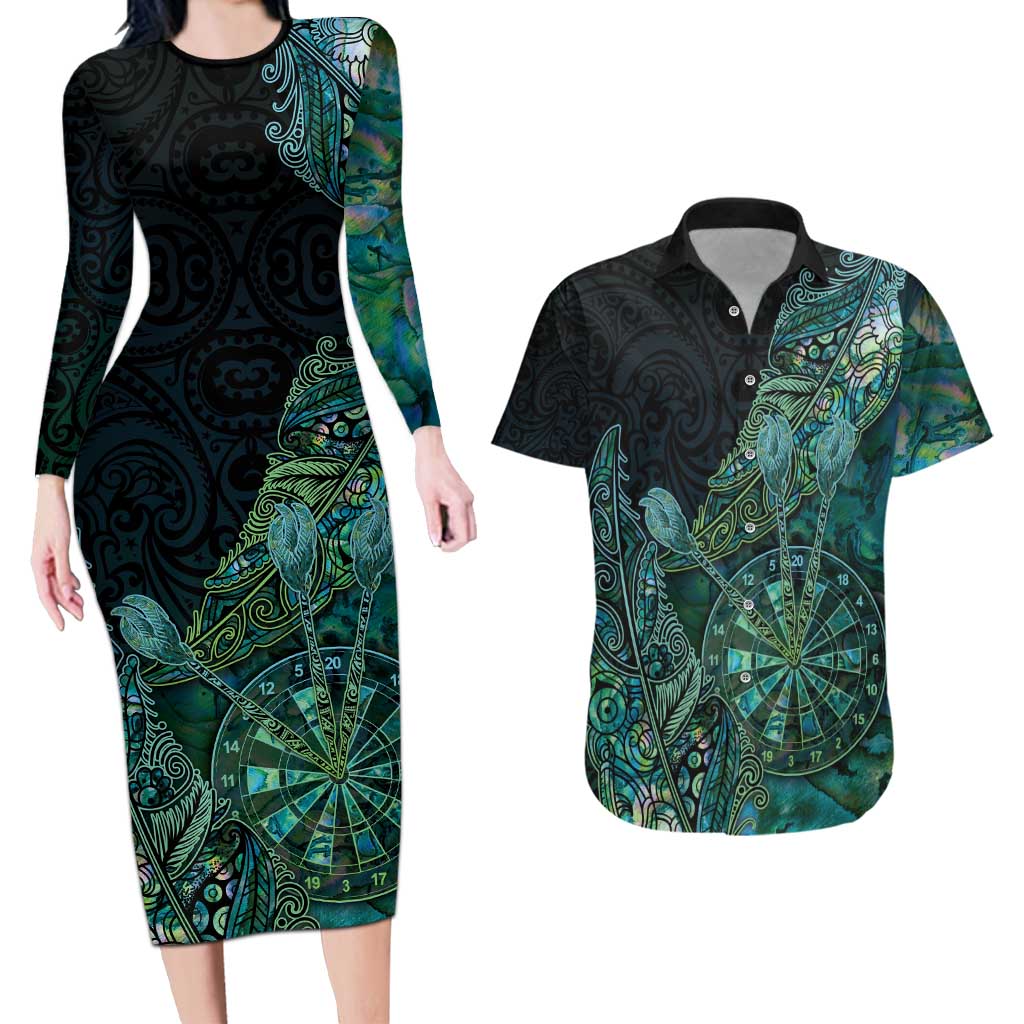 Personalised New Zealand Dart Couples Matching Long Sleeve Bodycon Dress and Hawaiian Shirt Maori Fern With Paua Shell DT05 Green - Polynesian Pride
