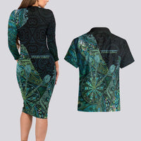 Personalised New Zealand Dart Couples Matching Long Sleeve Bodycon Dress and Hawaiian Shirt Maori Fern With Paua Shell DT05 - Polynesian Pride