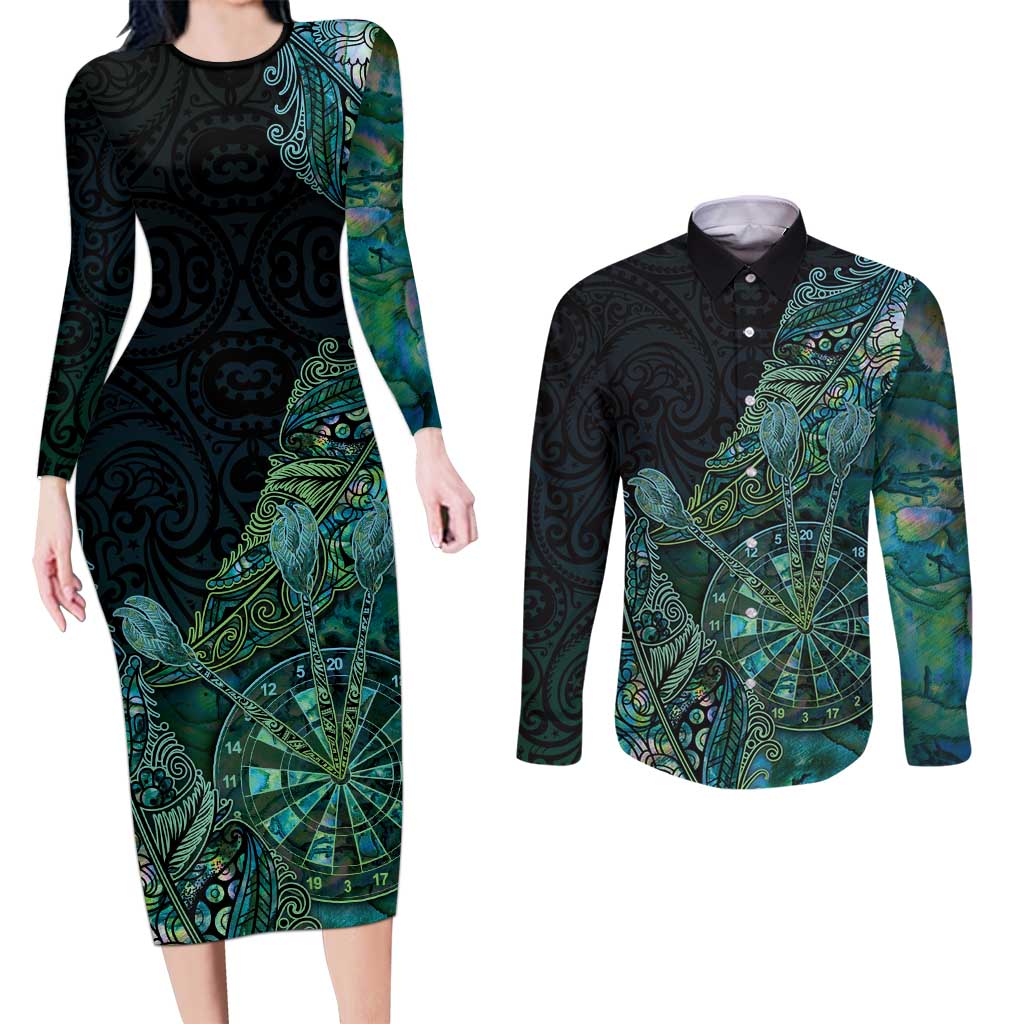 Personalised New Zealand Dart Couples Matching Long Sleeve Bodycon Dress and Long Sleeve Button Shirt Maori Fern With Paua Shell DT05 Green - Polynesian Pride