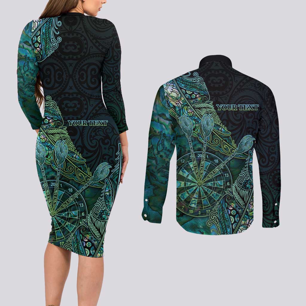 Personalised New Zealand Dart Couples Matching Long Sleeve Bodycon Dress and Long Sleeve Button Shirt Maori Fern With Paua Shell DT05 - Polynesian Pride
