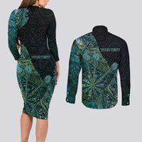 Personalised New Zealand Dart Couples Matching Long Sleeve Bodycon Dress and Long Sleeve Button Shirt Maori Fern With Paua Shell DT05 - Polynesian Pride