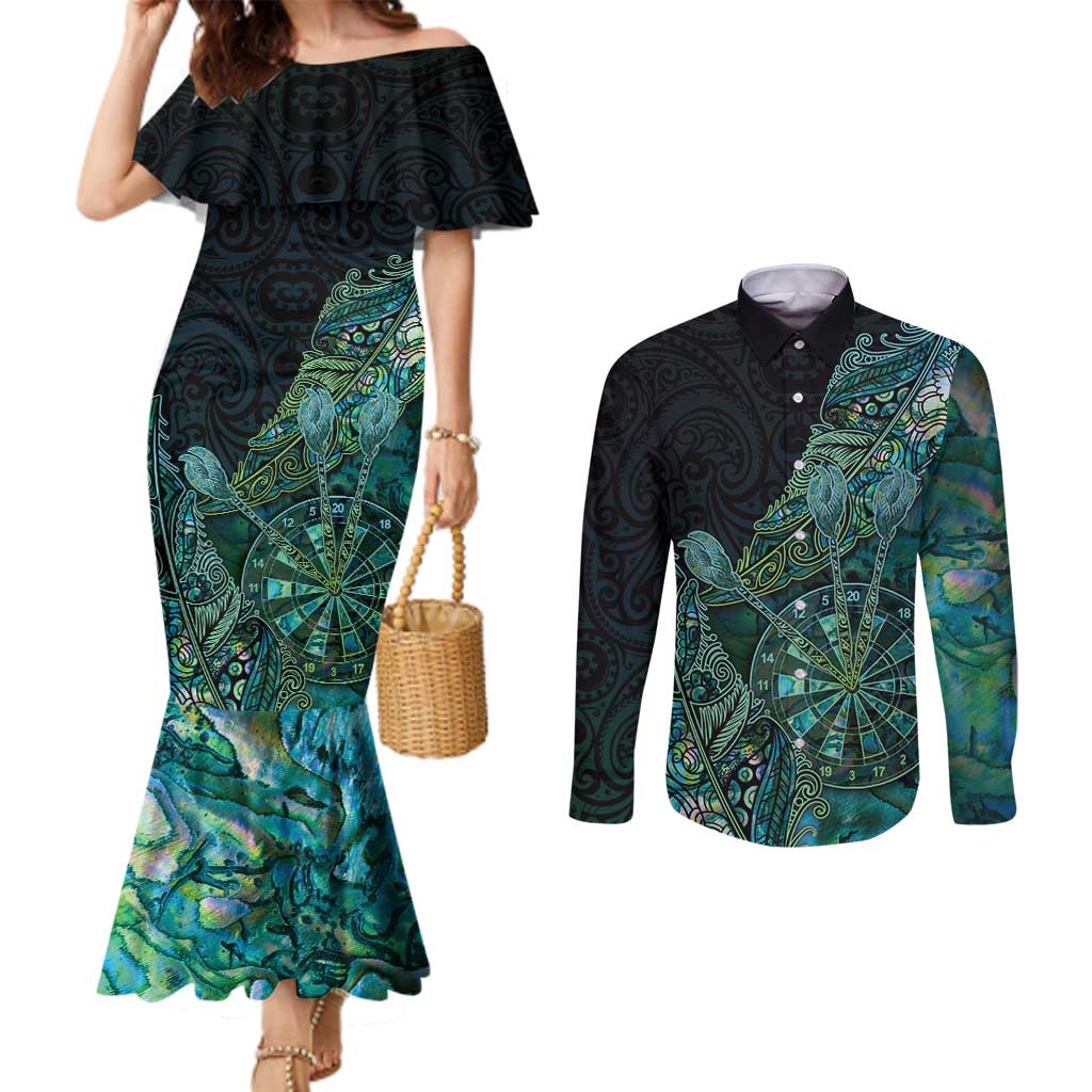 Personalised New Zealand Dart Couples Matching Mermaid Dress and Long Sleeve Button Shirt Maori Fern With Paua Shell DT05 Green - Polynesian Pride