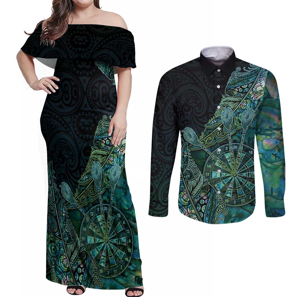 Personalised New Zealand Dart Couples Matching Off Shoulder Maxi Dress and Long Sleeve Button Shirt Maori Fern With Paua Shell - Polynesian Pride
