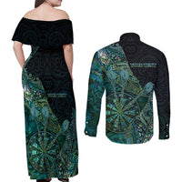 Personalised New Zealand Dart Couples Matching Off Shoulder Maxi Dress and Long Sleeve Button Shirt Maori Fern With Paua Shell DT05 - Polynesian Pride