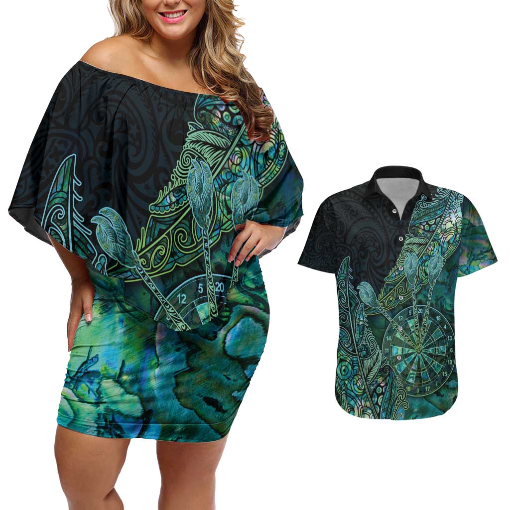 Personalised New Zealand Dart Couples Matching Off Shoulder Short Dress and Hawaiian Shirt Maori Fern With Paua Shell DT05 Green - Polynesian Pride
