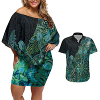 Personalised New Zealand Dart Couples Matching Off Shoulder Short Dress and Hawaiian Shirt Maori Fern With Paua Shell DT05 Green - Polynesian Pride