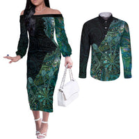 Personalised New Zealand Dart Couples Matching Off The Shoulder Long Sleeve Dress and Long Sleeve Button Shirt Maori Fern With Paua Shell DT05 Green - Polynesian Pride