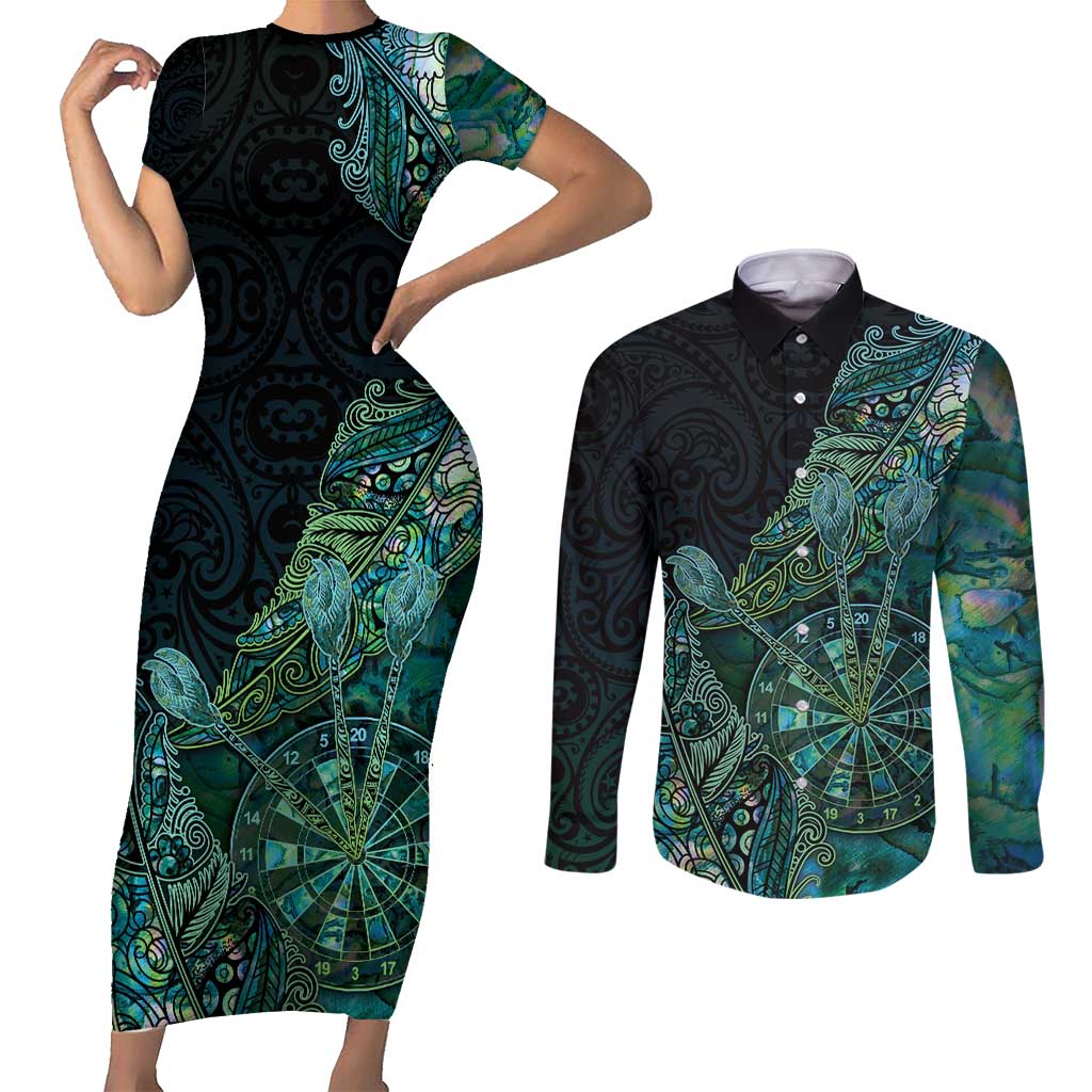 Personalised New Zealand Dart Couples Matching Short Sleeve Bodycon Dress and Long Sleeve Button Shirt Maori Fern With Paua Shell DT05 Green - Polynesian Pride