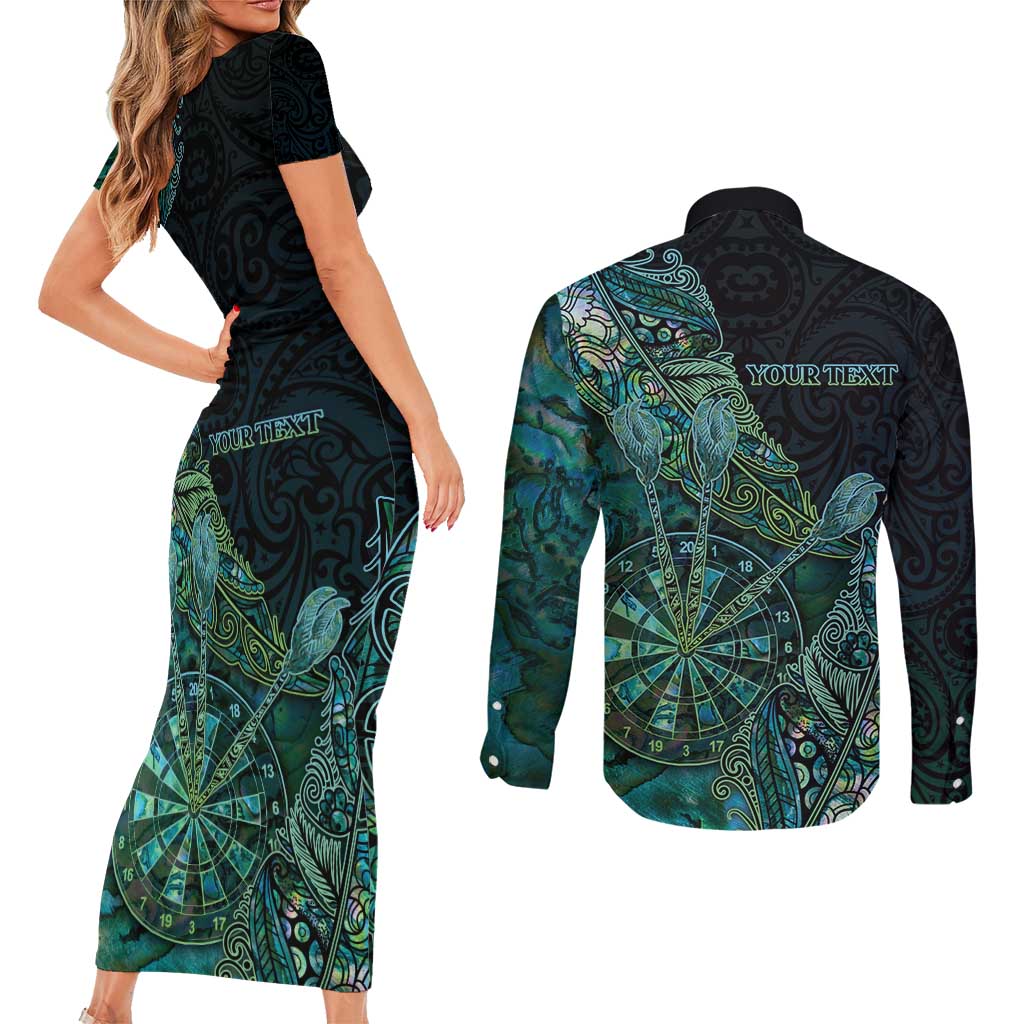 Personalised New Zealand Dart Couples Matching Short Sleeve Bodycon Dress and Long Sleeve Button Shirt Maori Fern With Paua Shell DT05 - Polynesian Pride
