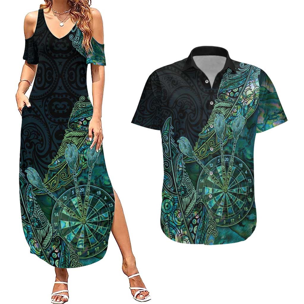 Personalised New Zealand Dart Couples Matching Summer Maxi Dress and Hawaiian Shirt Maori Fern With Paua Shell DT05 Green - Polynesian Pride