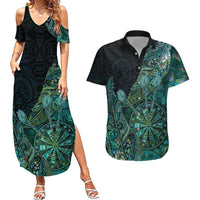 Personalised New Zealand Dart Couples Matching Summer Maxi Dress and Hawaiian Shirt Maori Fern With Paua Shell DT05 Green - Polynesian Pride
