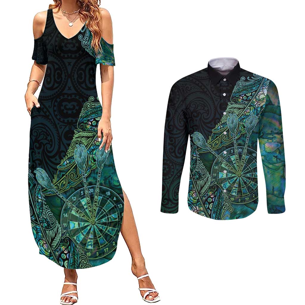 Personalised New Zealand Dart Couples Matching Summer Maxi Dress and Long Sleeve Button Shirt Maori Fern With Paua Shell DT05 Green - Polynesian Pride