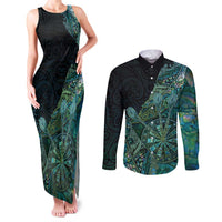 Personalised New Zealand Dart Couples Matching Tank Maxi Dress and Long Sleeve Button Shirt Maori Fern With Paua Shell DT05 Green - Polynesian Pride
