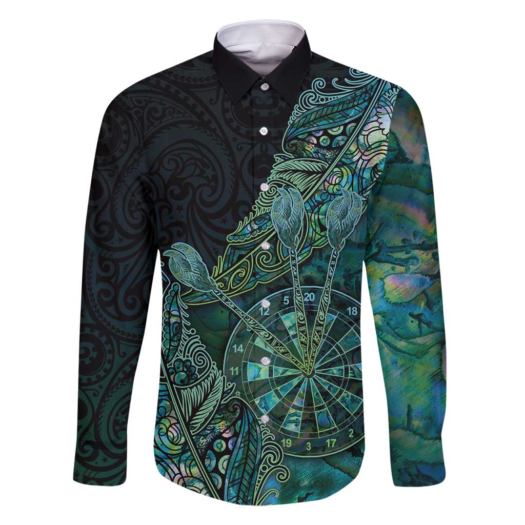 Personalised New Zealand Dart Family Matching Long Sleeve Bodycon Dress and Hawaiian Shirt Maori Fern With Paua Shell DT05 Dad's Shirt - Long Sleeve Green - Polynesian Pride