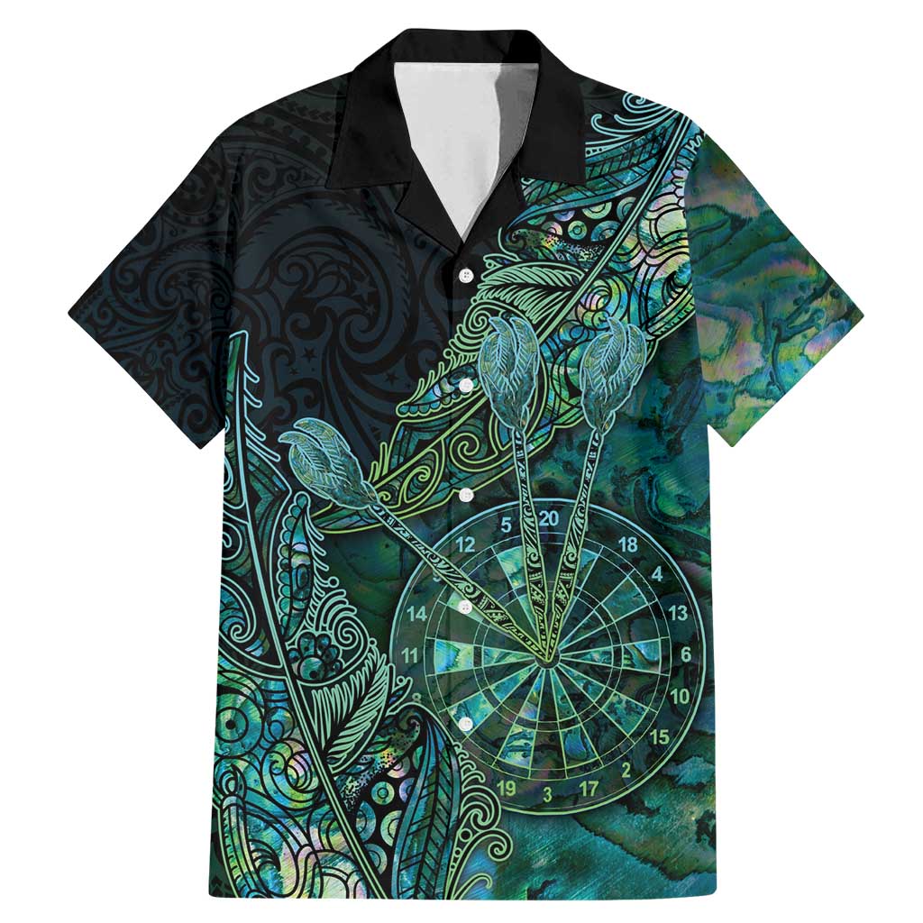 Personalised New Zealand Dart Family Matching Mermaid Dress and Hawaiian Shirt Maori Fern With Paua Shell DT05 Dad's Shirt - Short Sleeve Green - Polynesian Pride
