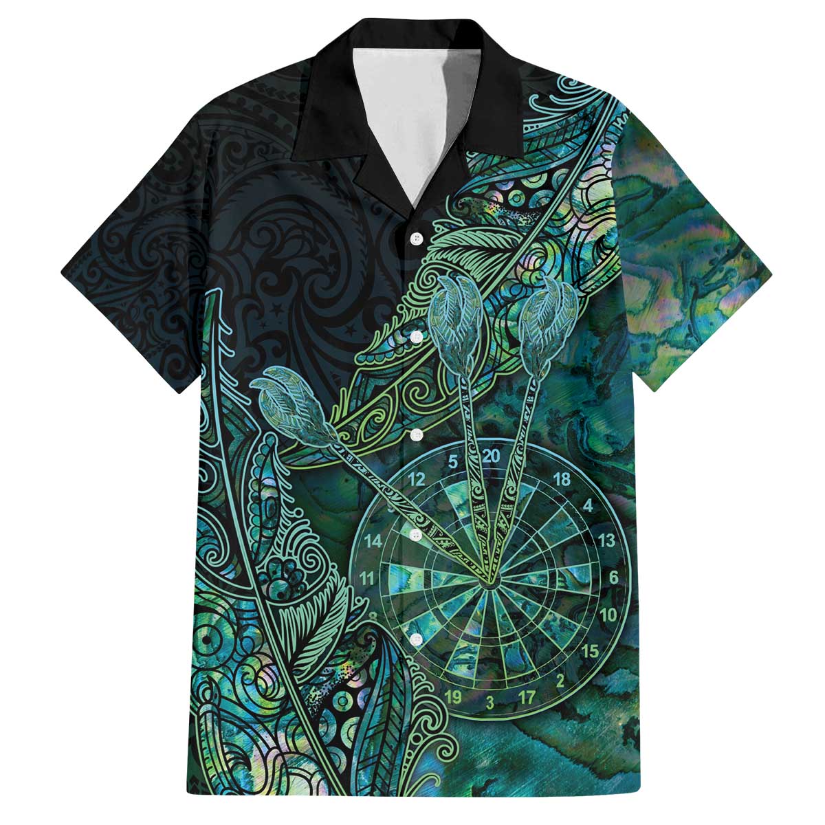 Personalised New Zealand Dart Family Matching Off The Shoulder Long Sleeve Dress and Hawaiian Shirt Maori Fern With Paua Shell DT05 Dad's Shirt - Short Sleeve Green - Polynesian Pride