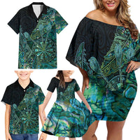 Personalised New Zealand Dart Family Matching Off Shoulder Short Dress and Hawaiian Shirt Maori Fern With Paua Shell - Polynesian Pride