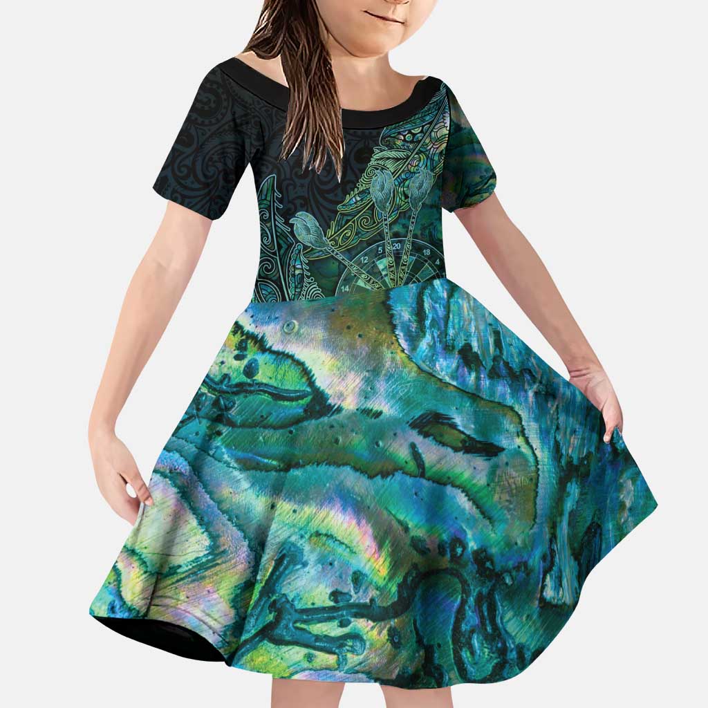 Personalised New Zealand Dart Family Matching Puletasi and Hawaiian Shirt Maori Fern With Paua Shell DT05 Daughter's Dress Green - Polynesian Pride