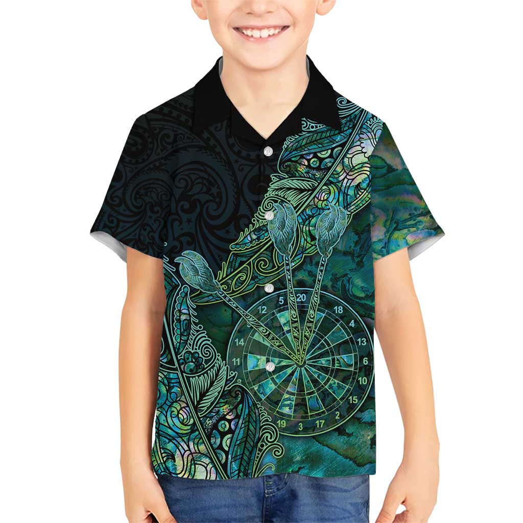 Personalised New Zealand Dart Family Matching Puletasi and Hawaiian Shirt Maori Fern With Paua Shell DT05 Son's Shirt Green - Polynesian Pride