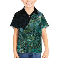 Personalised New Zealand Dart Family Matching Puletasi and Hawaiian Shirt Maori Fern With Paua Shell DT05 Son's Shirt Green - Polynesian Pride