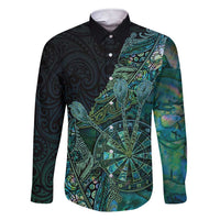 Personalised New Zealand Dart Family Matching Short Sleeve Bodycon Dress and Hawaiian Shirt Maori Fern With Paua Shell DT05 Dad's Shirt - Long Sleeve Green - Polynesian Pride