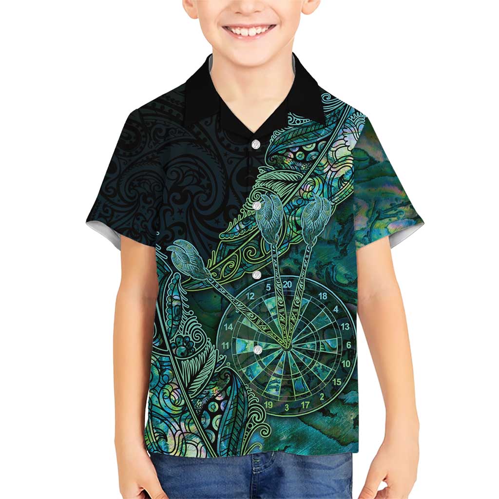 Personalised New Zealand Dart Family Matching Short Sleeve Bodycon Dress and Hawaiian Shirt Maori Fern With Paua Shell DT05 Son's Shirt Green - Polynesian Pride