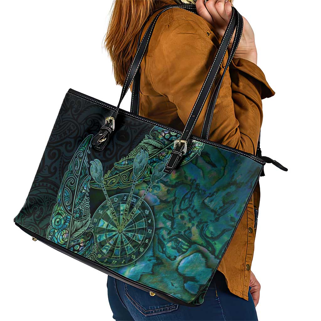 New Zealand Dart Leather Tote Bag Maori Fern With Paua Shell - Polynesian Pride