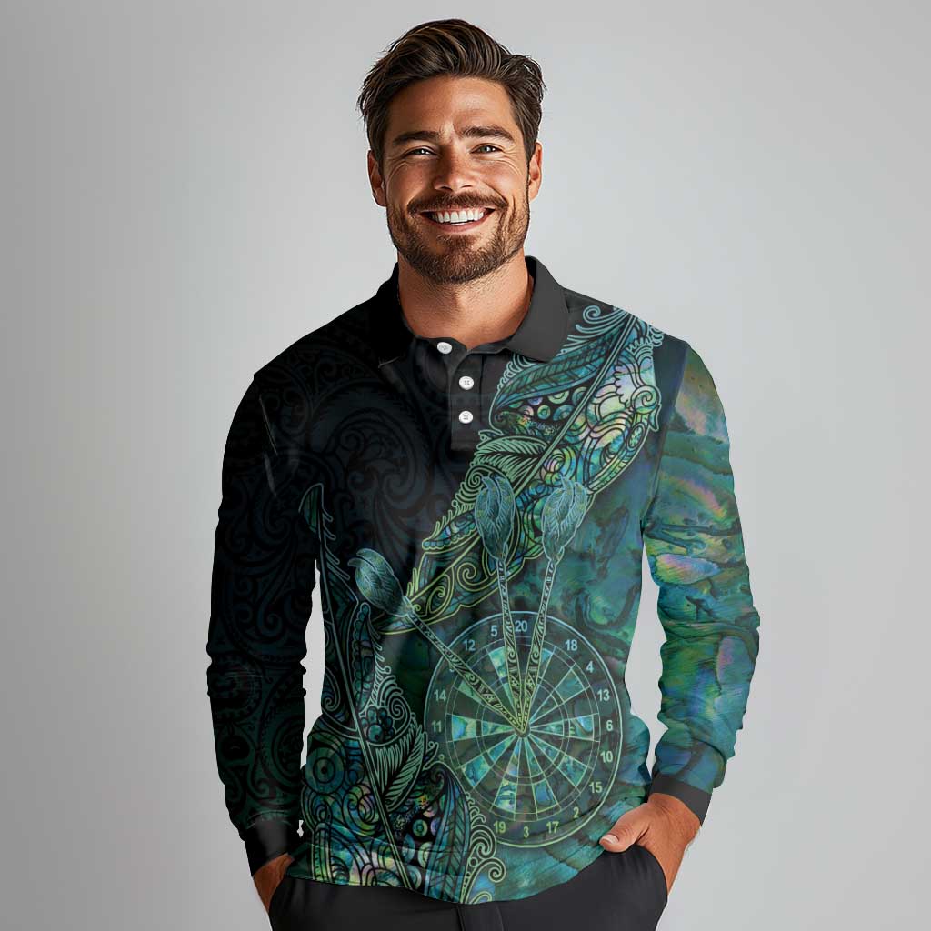 Personalised New Zealand Dart Long Sleeve Polo Shirt Maori Fern With Paua Shell - Polynesian Pride