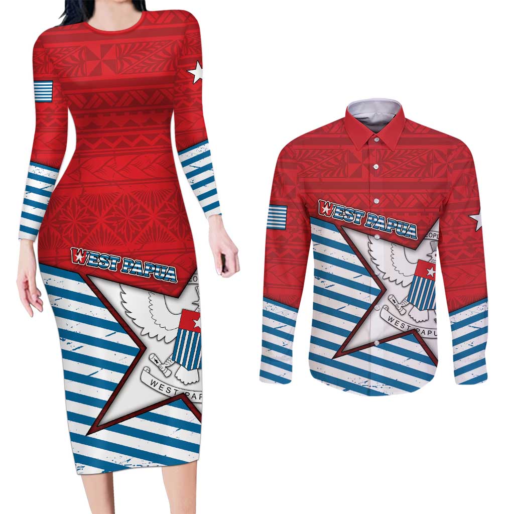 West Papua Morning Star Couples Matching Long Sleeve Bodycon Dress and Long Sleeve Button Shirt One People One Soul - Polynesian Pride