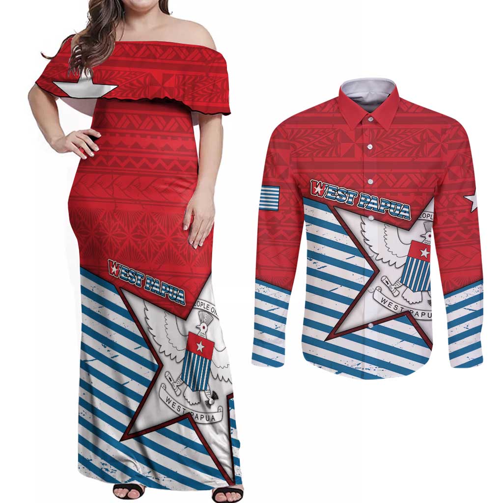 West Papua Morning Star Couples Matching Off Shoulder Maxi Dress and Long Sleeve Button Shirt One People One Soul - Polynesian Pride