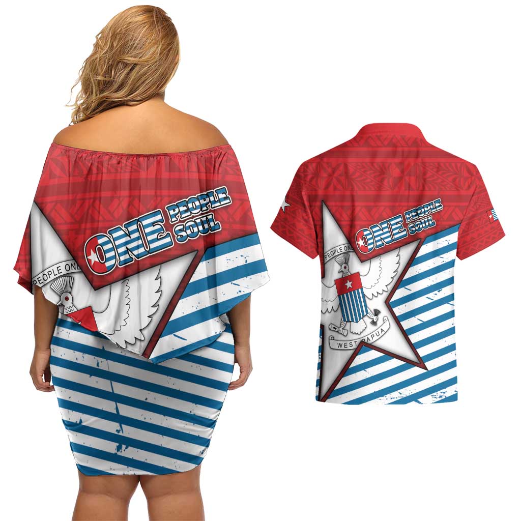 West Papua Morning Star Couples Matching Off Shoulder Short Dress and Hawaiian Shirt One People One Soul - Polynesian Pride