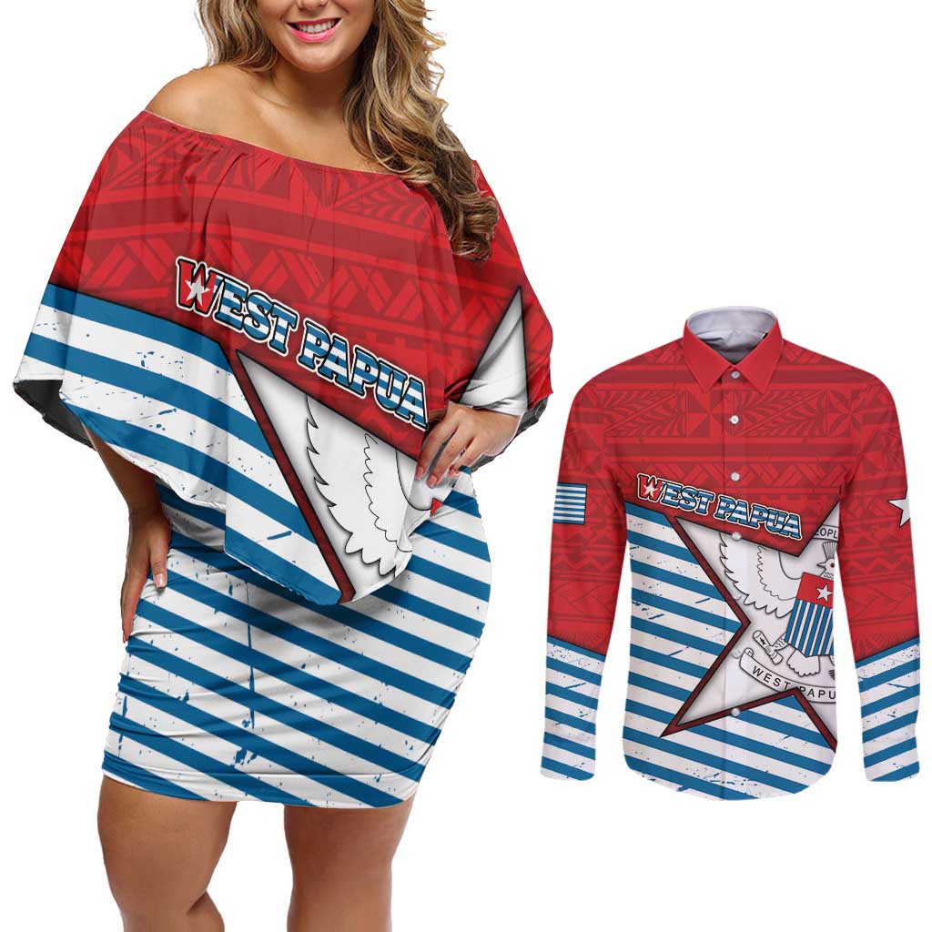 West Papua Morning Star Couples Matching Off Shoulder Short Dress and Long Sleeve Button Shirt One People One Soul - Polynesian Pride
