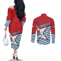 West Papua Morning Star Couples Matching Off The Shoulder Long Sleeve Dress and Long Sleeve Button Shirt One People One Soul DT05 - Polynesian Pride