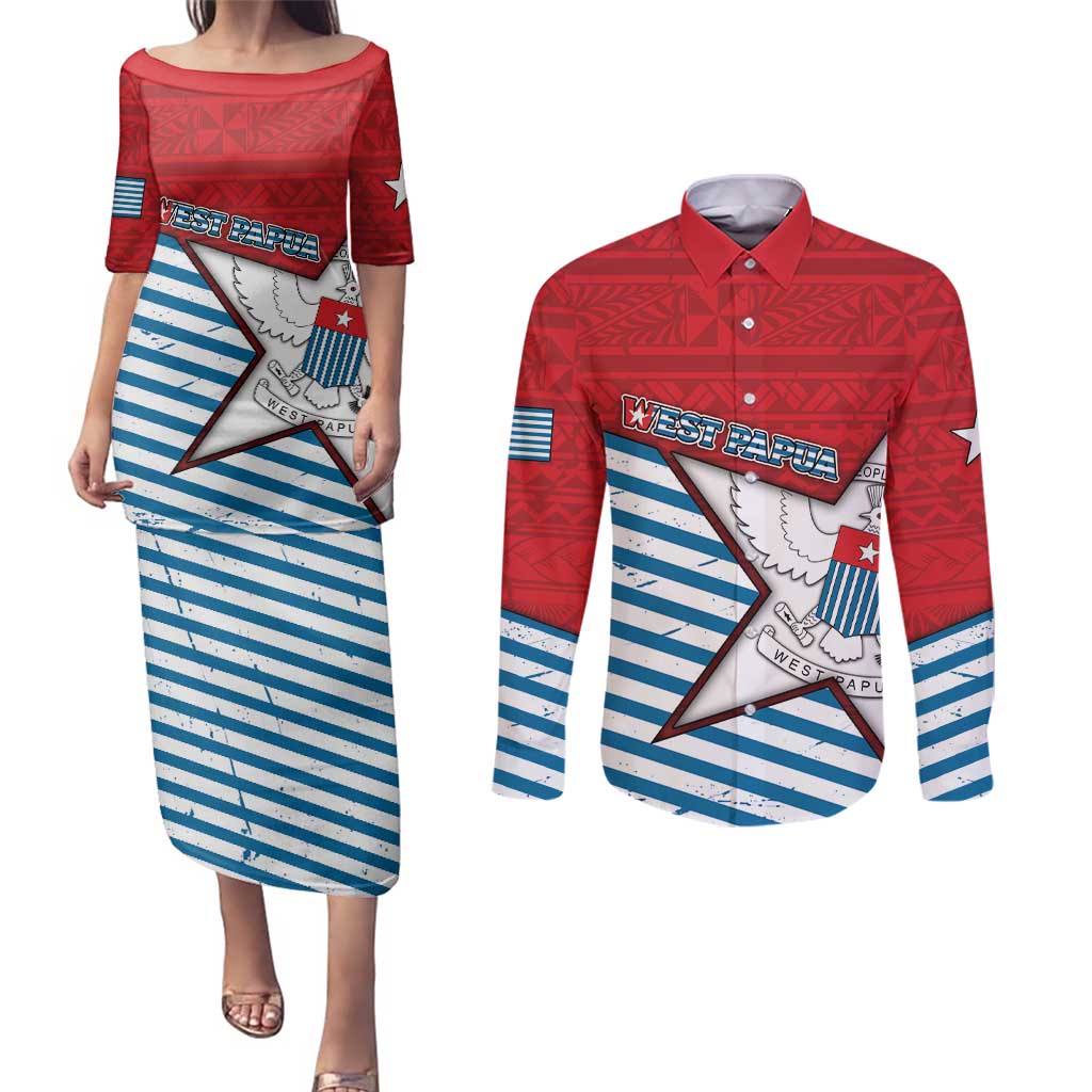 West Papua Morning Star Couples Matching Puletasi and Long Sleeve Button Shirt One People One Soul - Polynesian Pride