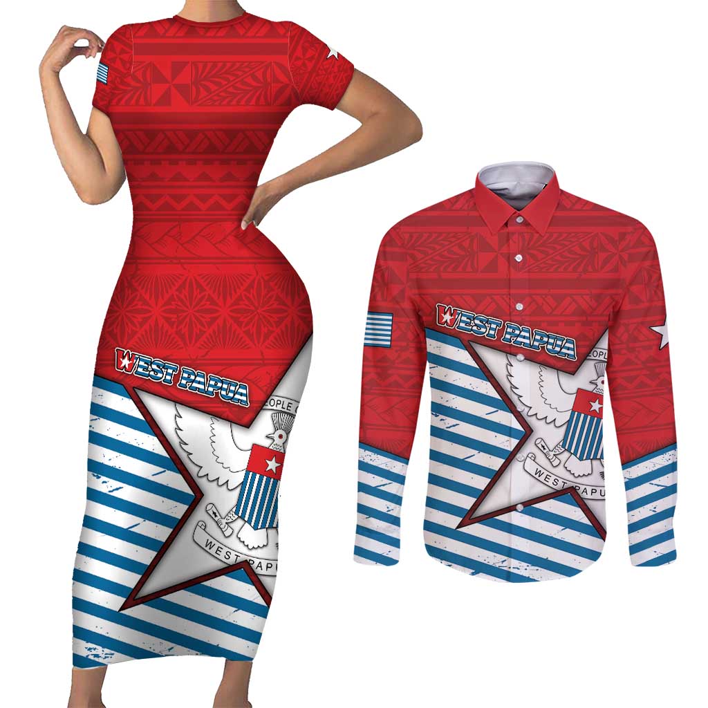 West Papua Morning Star Couples Matching Short Sleeve Bodycon Dress and Long Sleeve Button Shirt One People One Soul - Polynesian Pride