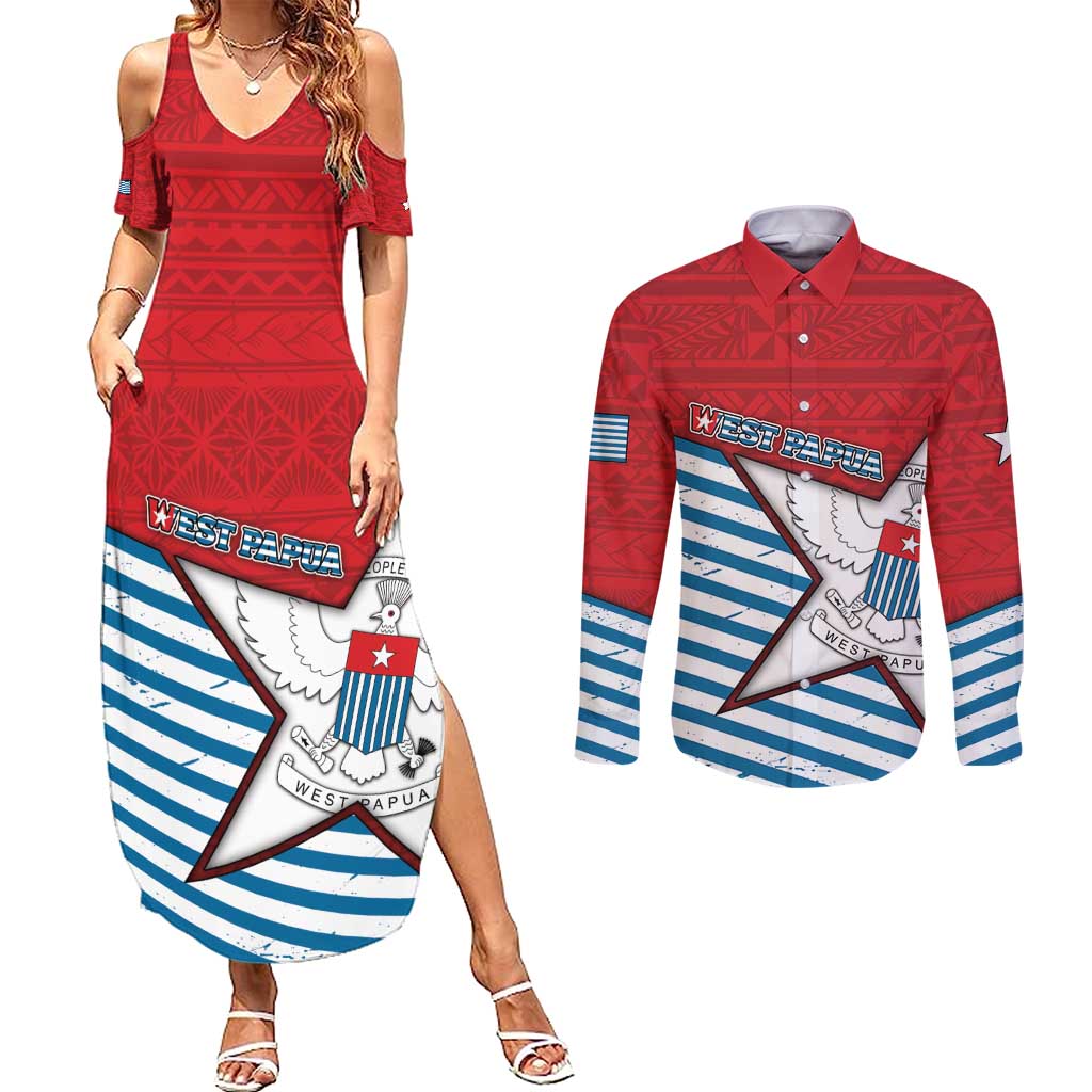 West Papua Morning Star Couples Matching Summer Maxi Dress and Long Sleeve Button Shirt One People One Soul - Polynesian Pride