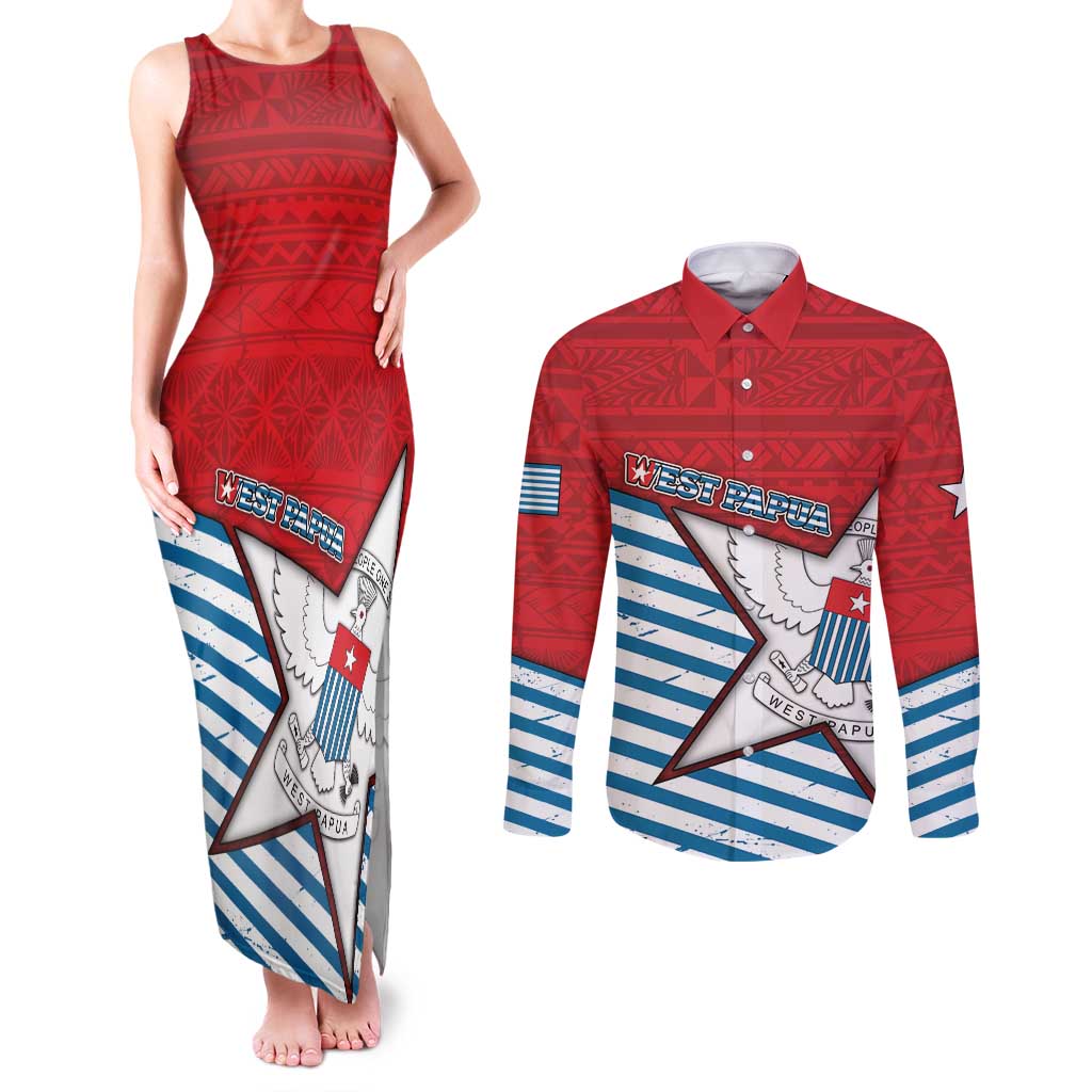 West Papua Morning Star Couples Matching Tank Maxi Dress and Long Sleeve Button Shirt One People One Soul - Polynesian Pride