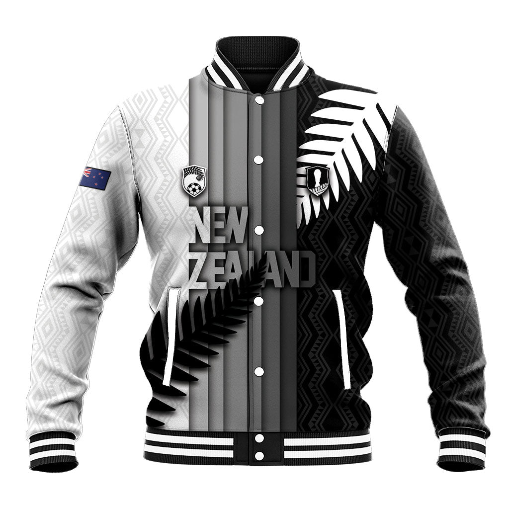Custom New Zealand Football Baseball Jacket Silver Fern Maori Pattern Monochrome