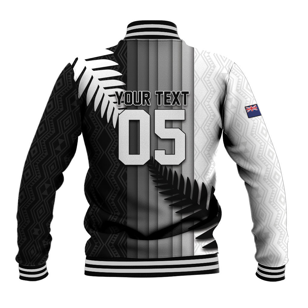 Custom New Zealand Football Baseball Jacket Silver Fern Maori Pattern Monochrome