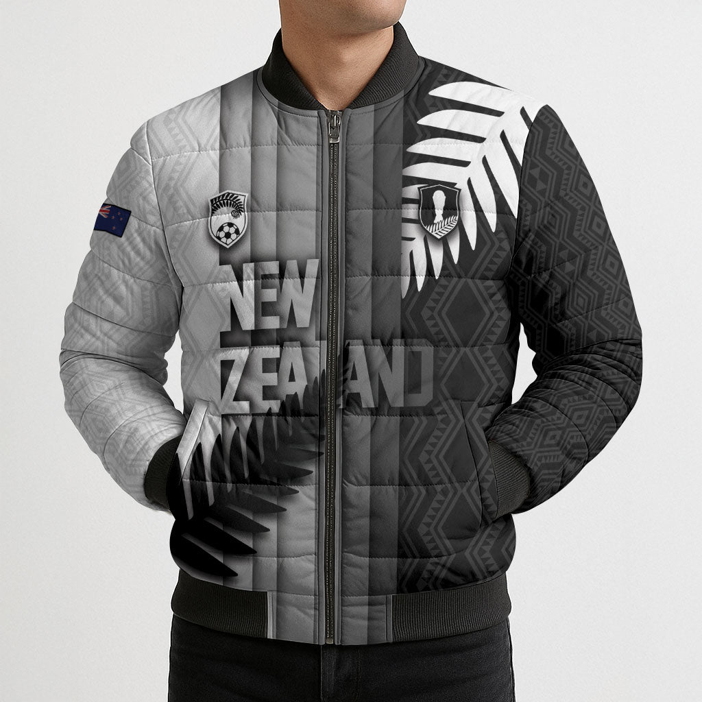 Custom New Zealand Football Bomber Puffer Jacket Silver Fern Maori Pattern Monochrome