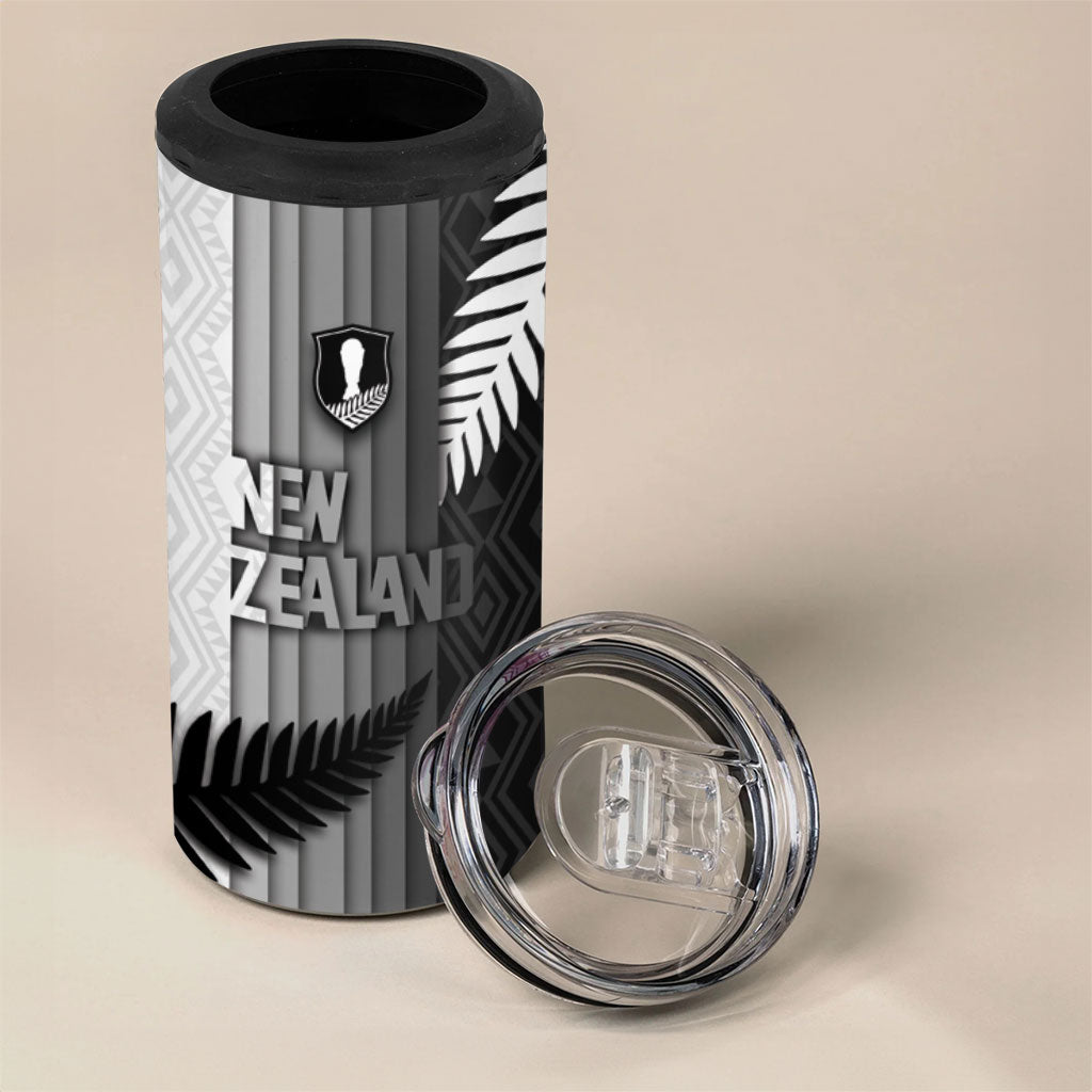 Custom New Zealand Football 4 in 1 Can Cooler Tumbler Silver Fern Maori Pattern Monochrome DT05 - Polynesian Pride