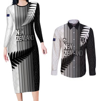 Custom New Zealand Football Couples Matching Long Sleeve Bodycon Dress and Long Sleeve Button Shirt Silver Fern Maori Pattern Monochrome DT05 White - Polynesian Pride