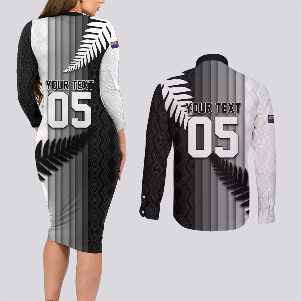 Custom New Zealand Football Couples Matching Long Sleeve Bodycon Dress and Long Sleeve Button Shirt Silver Fern Maori Pattern Monochrome DT05 - Polynesian Pride