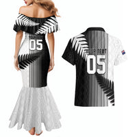 Custom New Zealand Football Couples Matching Mermaid Dress and Hawaiian Shirt Silver Fern Maori Pattern Monochrome DT05 - Polynesian Pride
