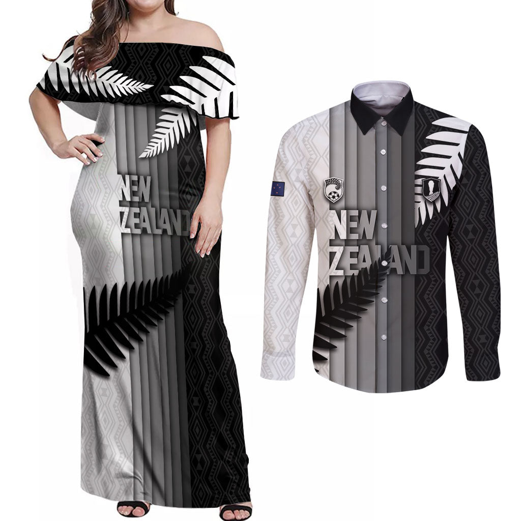 Custom New Zealand Football Couples Matching Off Shoulder Maxi Dress and Long Sleeve Button Shirt Silver Fern Maori Pattern Monochrome DT05 White - Polynesian Pride