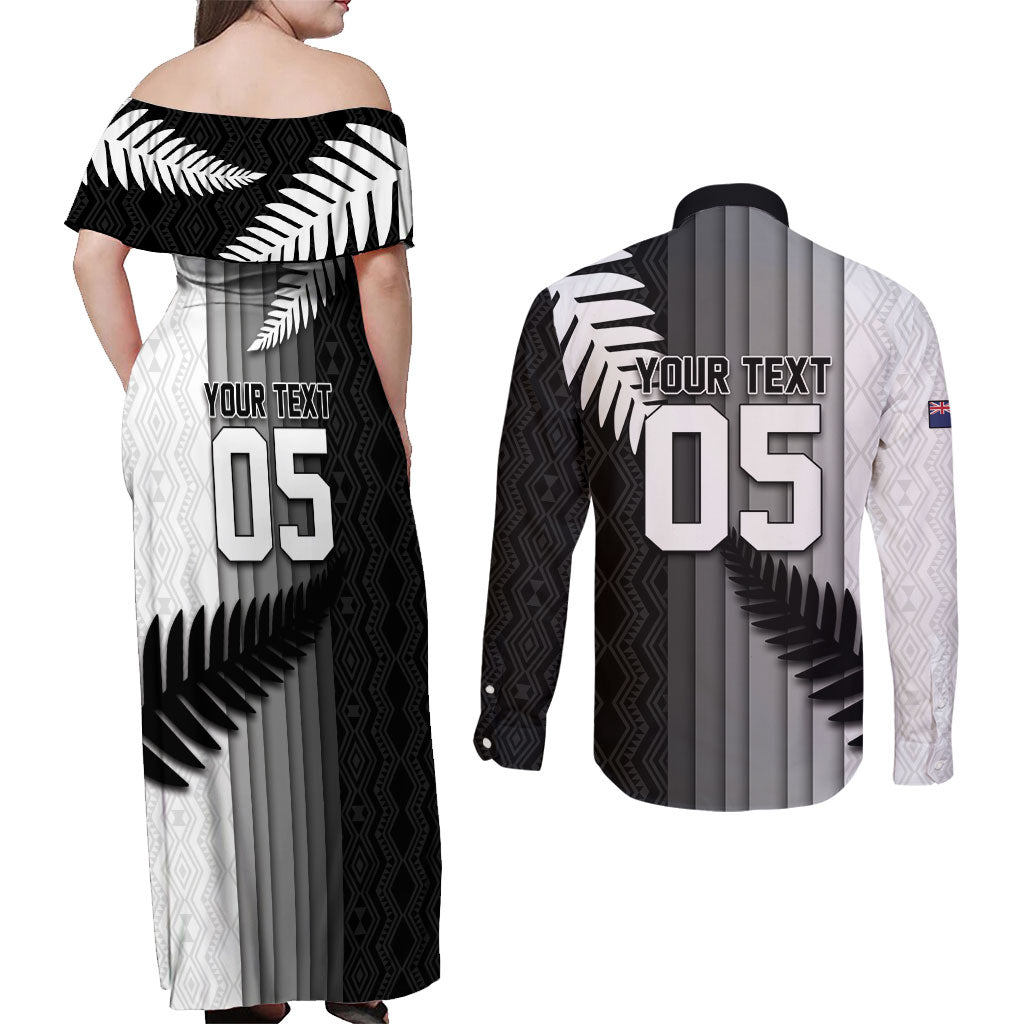 Custom New Zealand Football Couples Matching Off Shoulder Maxi Dress and Long Sleeve Button Shirt Silver Fern Maori Pattern Monochrome DT05 - Polynesian Pride