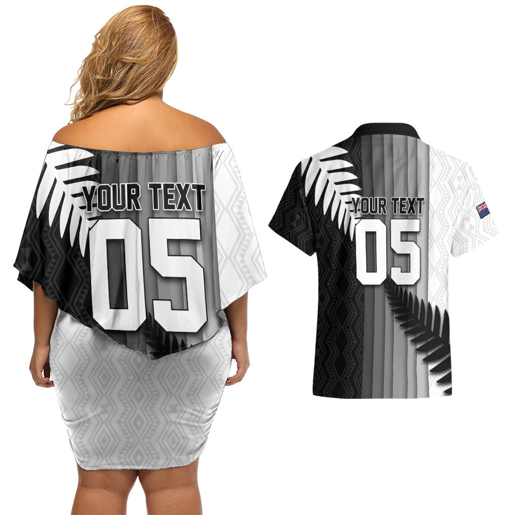 Custom New Zealand Football Couples Matching Off Shoulder Short Dress and Hawaiian Shirt Silver Fern Maori Pattern Monochrome DT05 - Polynesian Pride