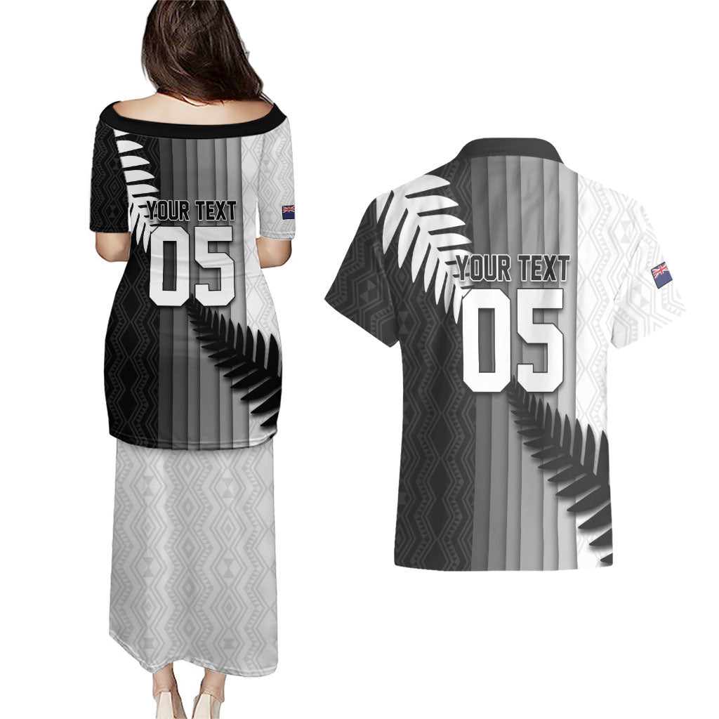 Custom New Zealand Football Couples Matching Puletasi and Hawaiian Shirt Silver Fern Maori Pattern Monochrome DT05 - Polynesian Pride